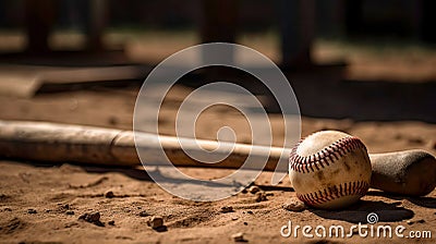 Ball and baseball bat on softball field, close-up, with free space, idea for banner. AI generated Cartoon Illustration