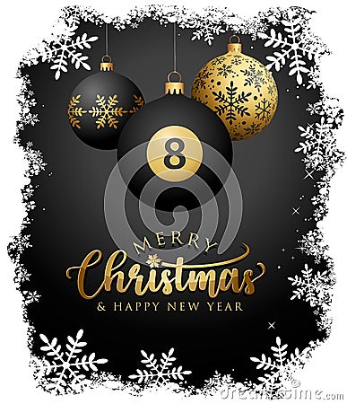 8 Ball Billiards Christmas Sport Greeting Gold Luxury Card with Snow frame Merry Christmas and happy new year text Vector Illustration