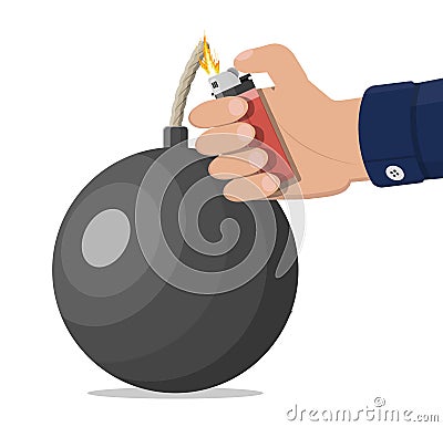 Ball bomb about to explode and hand with lighter Vector Illustration