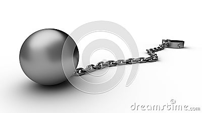 Ball and chain with an open shackle. Isolated on white background. 3D-rendering. Cartoon Illustration