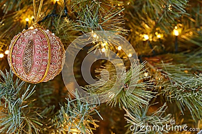 Ball Christmas tree decoration. on Christmas tree branch Stock Photo