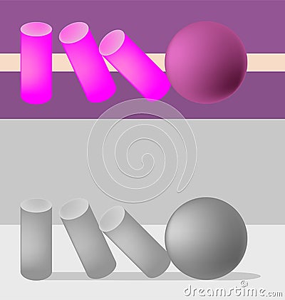 The ball drops the cylinders on a gray and purple background Vector Illustration