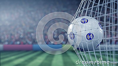 Ball with FC Bate Borisov football club logo hits football goal net. Conceptual editorial 3D rendering Editorial Stock Photo