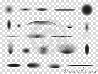 Ball floor shadow. Shade effects. White 3D pack. Circular gradient objects. Realistic circle and ellipse graphic shapes Vector Illustration