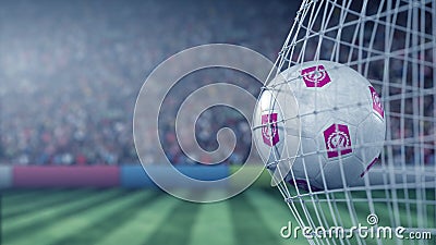 Ball with Nomme Kalju FC football club logo hits football goal net. Conceptual editorial 3D rendering Editorial Stock Photo