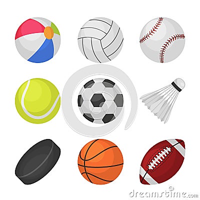 Ball games. Sports kids ball volleyball baseball tennis football soccer bambinton hockey basketball rugby balls vector Vector Illustration