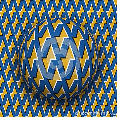 Ball with a golden lightnings blue pattern rolls along golden lightnings blue surface. Abstract vector optical illusion Vector Illustration