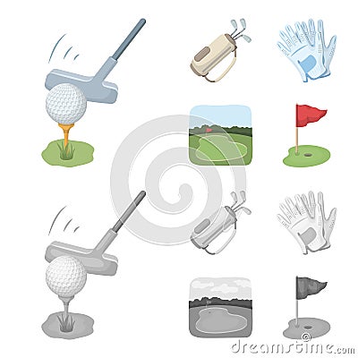 A ball with a golf club, a bag with sticks, gloves, a golf course. Golf club set collection icons in cartoon, monochrome Vector Illustration