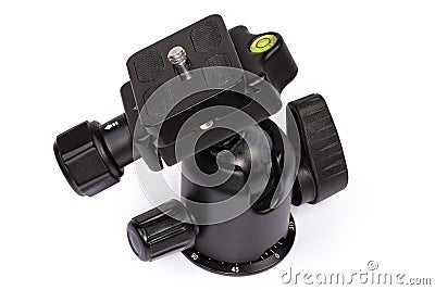 Ball head of a photographic tripod with mounted detachable platform Stock Photo