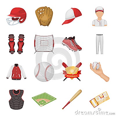 Ball, helmet, bat, uniform and other baseball attributes. Baseball set collection icons in cartoon style vector symbol Vector Illustration