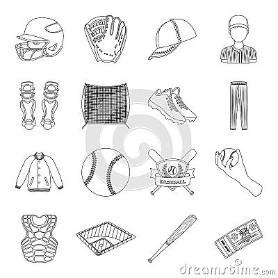 Ball, helmet, bat, uniform and other baseball attributes. Baseball set collection icons in line style vector symbol Vector Illustration