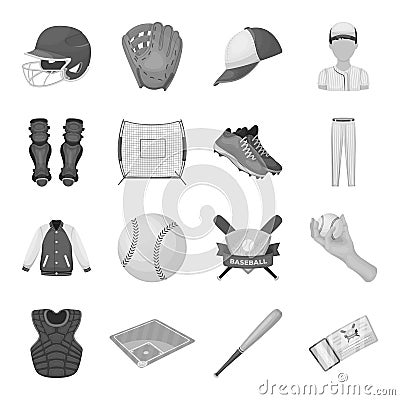 Ball, helmet, bat, uniform and other baseball attributes. Baseball set collection icons in monochrome style vector Vector Illustration