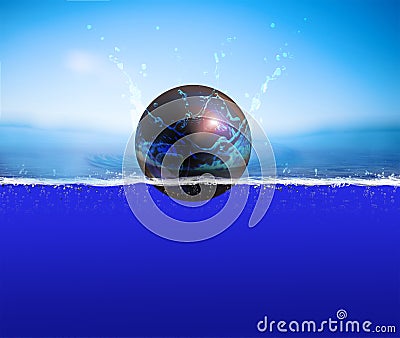 The ball hits the water. 3D rendering. Photo wallpaper. Stock Photo