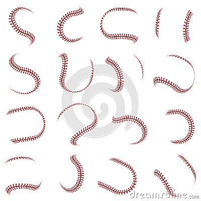Ball lace. Red stitching for sport baseball lacing graphic pattern softball recent vector stylized symbols set for Cartoon Illustration
