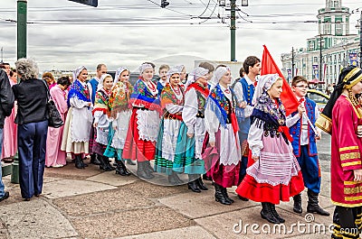 Ball of Nationalities festival participants Polish folk dance ensemble GAIK. Waiting for the beginning of Editorial Stock Photo