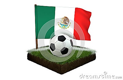 Ball for playing football and national flag of Mexico on field with grass Stock Photo
