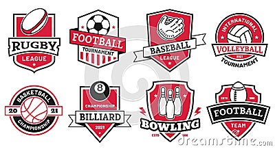 Ball sports logo. Badges for american football, soccer and basketball league. Volleyball and bowling tournament symbol Vector Illustration