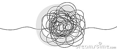 A ball of tangled scribble. A circular object made of swirls with a beginning and an end. Sketch Vector Illustration