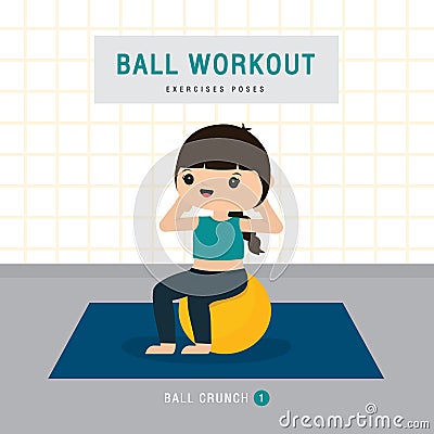 Ball Workout. Woman doing Stability ball exercise and yoga training at gym home, stay at home concept. Character Cartoon Vector il Vector Illustration