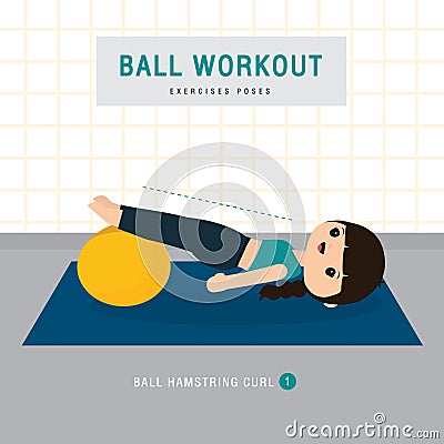Ball Workout. Woman doing Stability ball exercise and yoga training at gym home, stay at home concept. Character Cartoon Vector il Vector Illustration