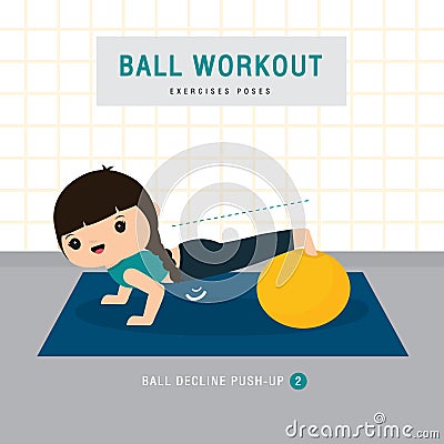 Ball Workout. Woman doing Stability ball exercise and yoga training at gym home, stay at home concept. Character Cartoon Vector il Vector Illustration