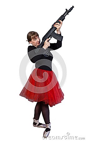 Ballerina with assault rifle Kalashnikov Stock Photo