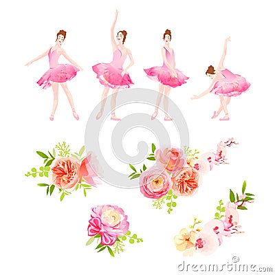 Ballerina dance poses and fresh spring flower bouquets vector design Vector Illustration