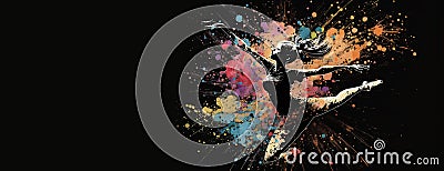 Ballerina or dancer dancing on a dark background. Colorful paint splash. A woman in a dynamic jump. Sports, ballet. Stock Photo