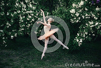 Ballerina dancing outdoors classic ballet poses in flowers lands Stock Photo