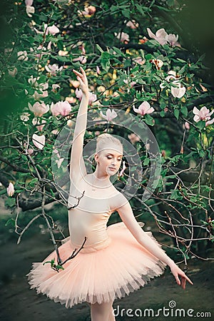 Ballerina dancing outdoors classic ballet poses in flowers lands Stock Photo