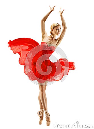 Ballerina dancing in Red Tutu Dress over White. Ballet Dancer Silhouette in Flying Chiffon Skirt over White Studio Background Stock Photo