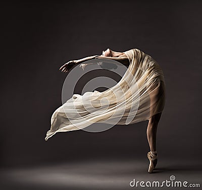 Ballerina Dancing with Silk Fabric, Modern Ballet Dancer in Fluttering Waving Cloth, Pointe Shoes, Gray Background Stock Photo