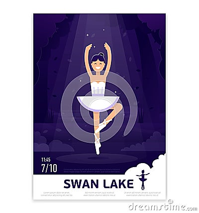 Ballerina in dancing on the stage with light on the dark violet background. Ballet poster design. Ballet prima ballerina Vector Illustration