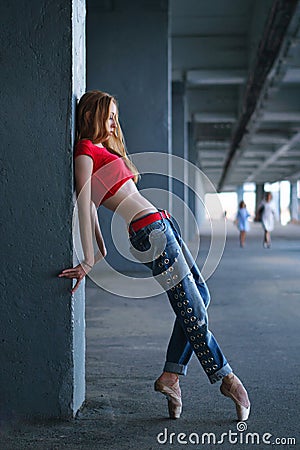 Ballerina dancing. Street performance. Stock Photo