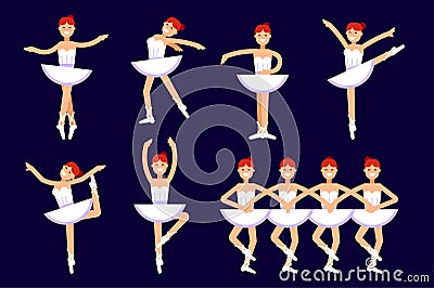 Ballerina different poses in dancing isolated on white background. Ballet vector flat illustration. Ballet dancer Vector Illustration