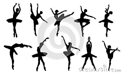 Ballerina Silhouette over White Studio Background. Set of Vector Classic Ballet Dancing Girl in Tutu Skirt. Isolated Woman Dancer Stock Photo