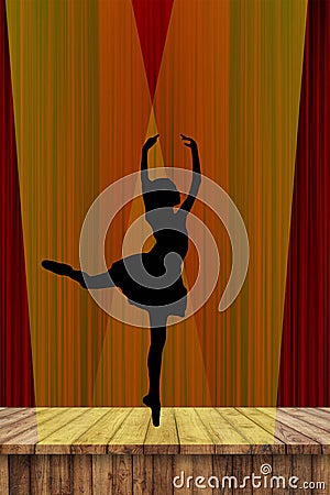 Ballerina silhouette of a young ballet lady dancing on pointe in attitude derriere position on stage in the spotlight with a red c Stock Photo