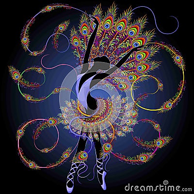Ballerina Surreal Classic Dancer elegant movement wearing soft Peacock Feathers Vector Illustration Vector Illustration