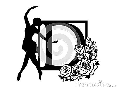 Ballet alphabet vector. Ballerina alphabets letter D in frame. Ballet dance beautiful design template for stencil, paper craft, Stock Photo