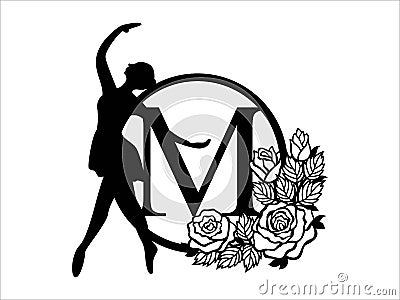 Ballet alphabet vector. Ballerina alphabets letter M in frame. Ballet dance beautiful design template for stencil, paper craft, Stock Photo