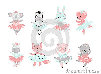 Ballet animal. Bear in tutu, baby rabbit ballerina. Cute fairy dance animals. Girls coala, fox and kitty dancing Vector Illustration