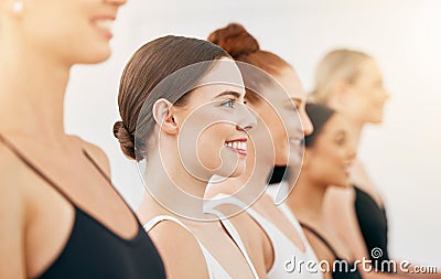 Ballet, audition and women in dance academy studio with smile, motivation and vision for art performance. German Stock Photo