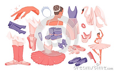 Ballet dance set, cute pink and blue accessories of ballerina, dancing fairy girl Vector Illustration