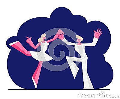 Ballet Dancers in White Clothes Dancing on Stage. Woman in Pointe Shoes and Tutu Skirt, Artist Prepare for Dance Show Vector Illustration