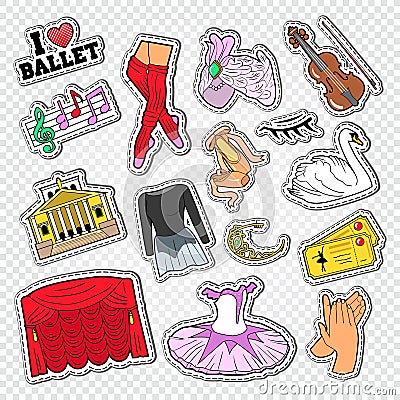 Ballet Doodle with Dance Theater Stickers, Patches and Badges Vector Illustration