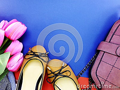 Ballet flat lady shoes and purple bag on blue background Stock Photo