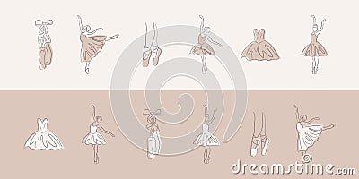 Ballet line icons. Elegant beige hand-drawn art shapes of ballerina, pointe shoe and dress. Linear brush sketch with shadow Vector Illustration