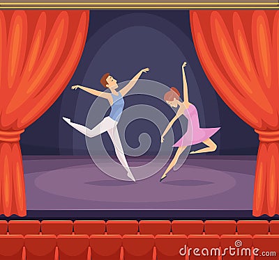 Ballet stage. Dancer male and female dancing on stage vector beautiful background with red curtains in theatre Vector Illustration