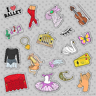 Ballet Stickers, Badges, Patches Set with Theater Elements Vector Illustration