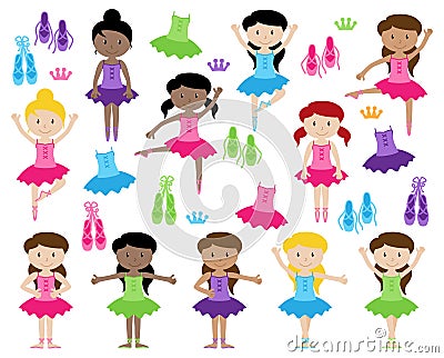 Ballet Themed Vector Collection with Diverse Girls Vector Illustration